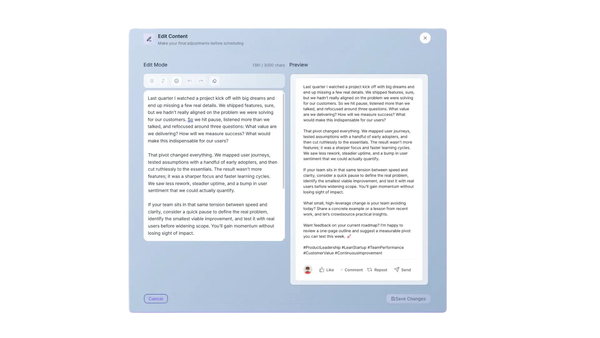 Triorama Post Editor showing AI content generation with real-time LinkedIn preview